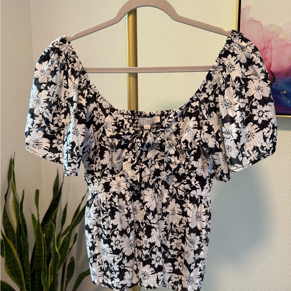 LOFT Black and White Floral Blouse